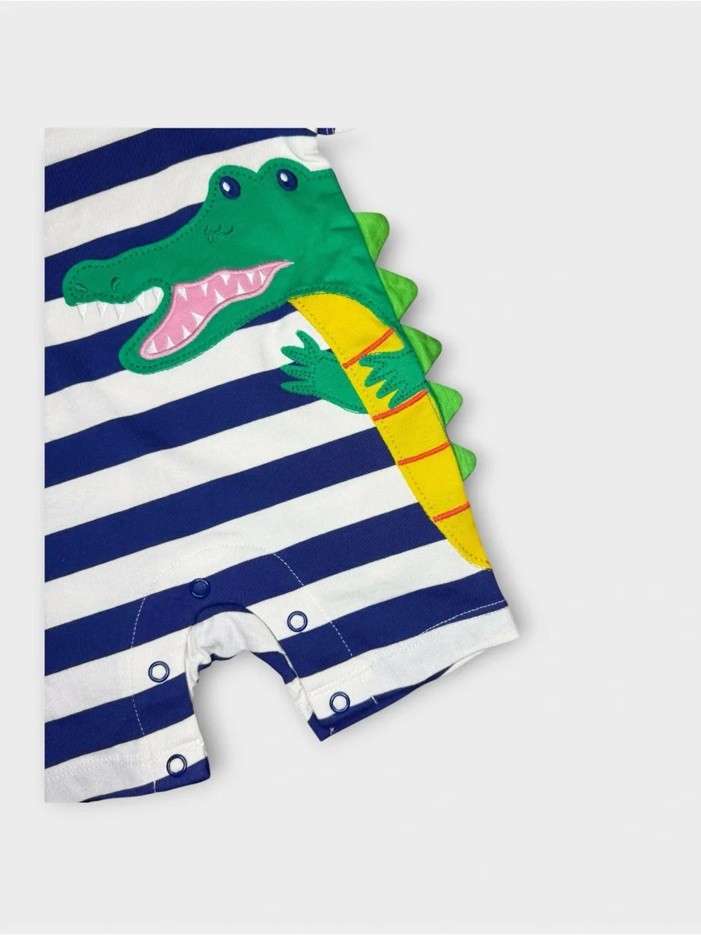 Mini Boden Crocodile Applique White & Blue Striped Romper